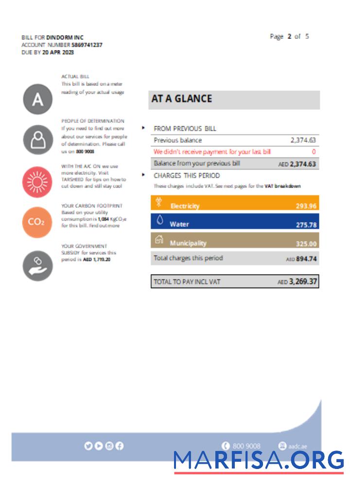 Printable Al Ain Distribution Company utility business bill, page 2, SCR real example